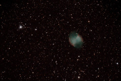 NGC 6853 (Messier 27) The Dumbbell Nebula in the constellation Vulpecula a planetary nebula. FOV is approximately 51' x 34'. This is three 300 second guided subs taken at Darling Hill Observatory on September 24th 2021. A Canon EOS7D camera at ISO3200; iOptron CEM40G mount with a Celestron 127mm Mak-Cas f/12, FL 1500mm.
