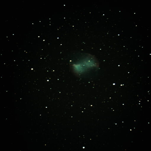 Anthony Krishock's view of The Dumbell Nebula, M27, using a MallinCam DS2.3, stack of 10 5-second exposures.