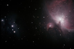 Messier 42 and NGC 1977, The Orion and Running Man Nebula a diffuse and reflection nebula in the constellation Orion. FOV is approximately 54' x 36'. This is fourteen 300 second guided subs taken from my backyard on November 10th, 2021. A Sony A6600 camera at ISO400; iOptron CEM40G mount with a Celestron 127mm Mak-Cas f/12, FL 1500mm.