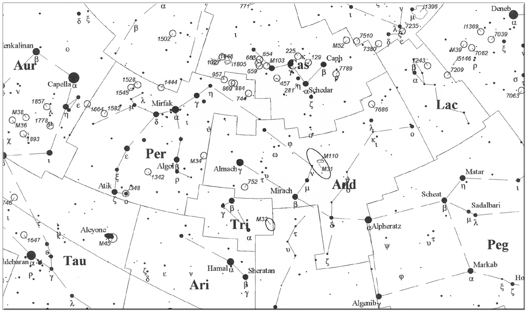 Perseus and Andromeda constellation map