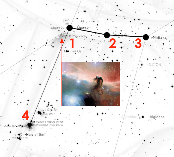 Orion constellation showing the Horsehead nebula